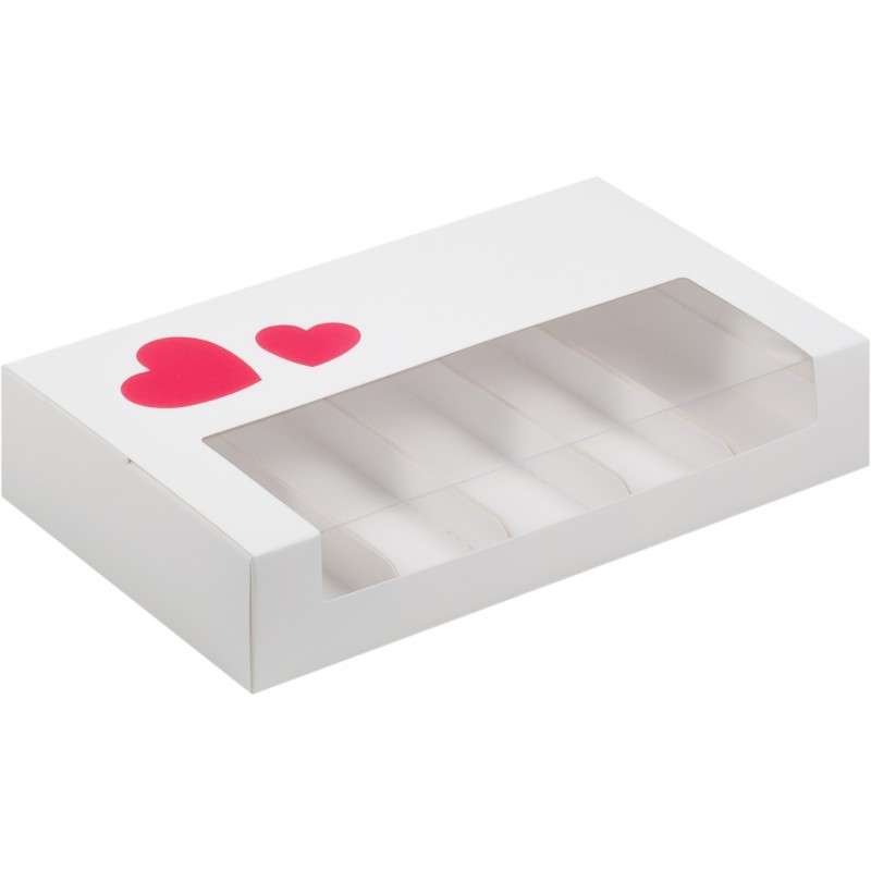 Коробка для эклеров 25х15х5cм с сердечками белая с 4 ложементами